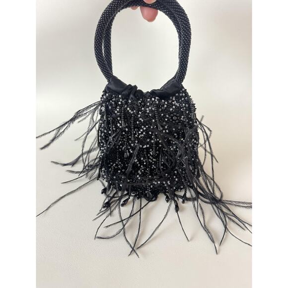 La Regale Handbags - La Regale Beaded Evening Bag Womens One Size Black Feather Fringe Purse Party